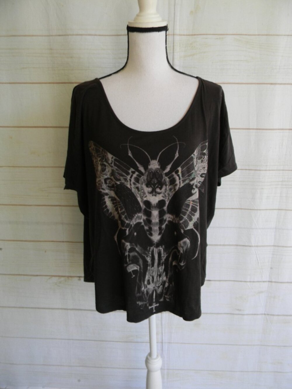 ALLSAINTS WM'S BLACK MOTH SKELETON SCOOPNECK GRAPHIC T-SHIRT SZ 6